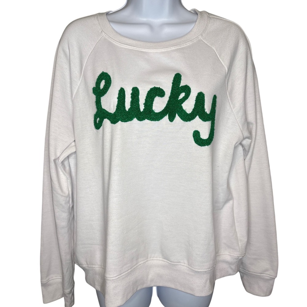 Workshop Republic "Lucky" White Raglan Sweatshirt L Casual Cozy Soft Pullover